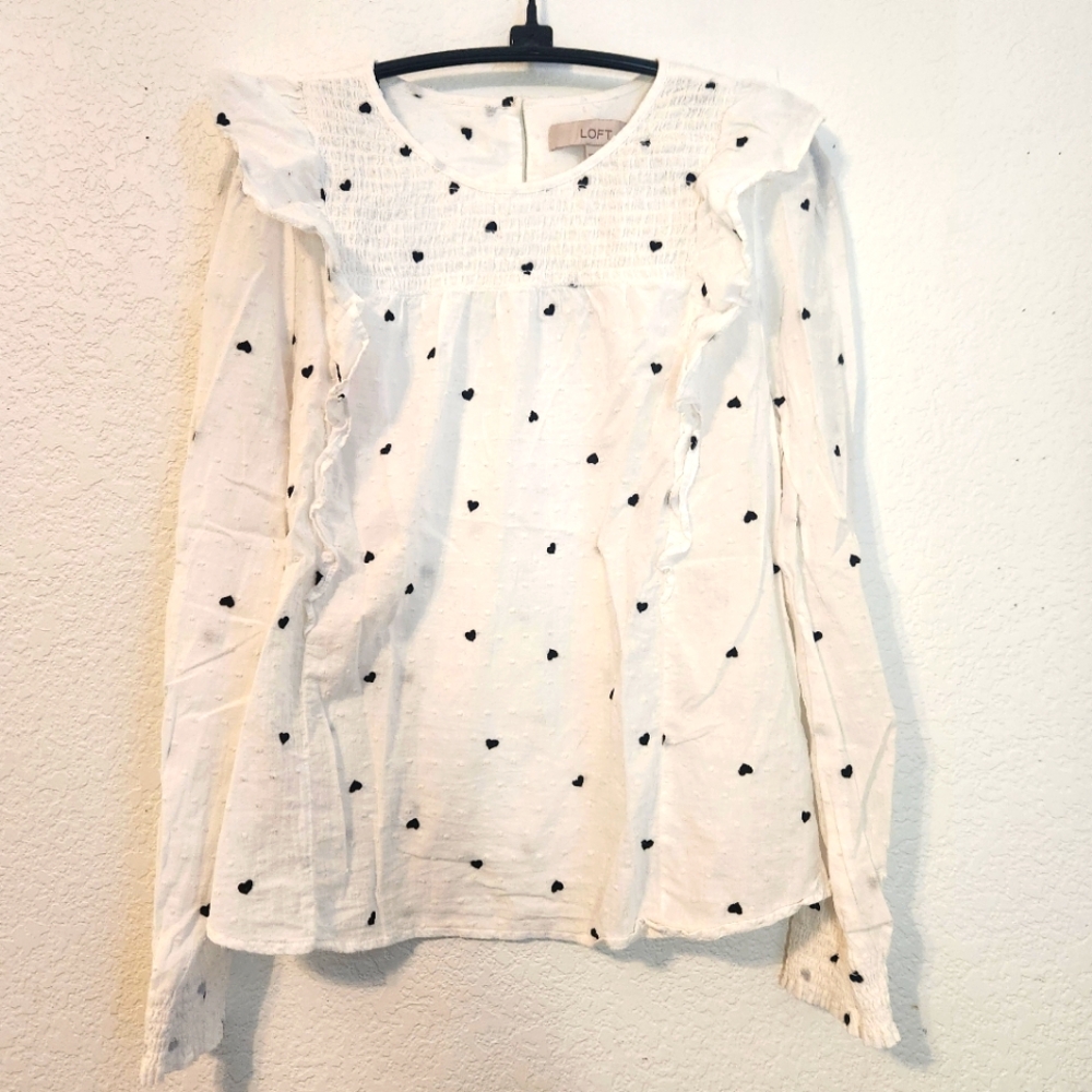 Loft White Blouse with Black Hearts, Size MP